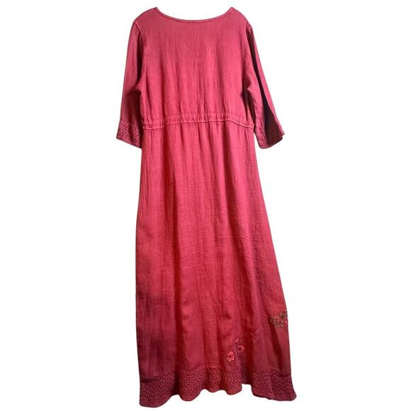 Vtg 90s Y2K Stamp Maxi‎ Dress Long Sleeve Travel Lagenlook Maroon Cottagecore M - Picture 3 of 16